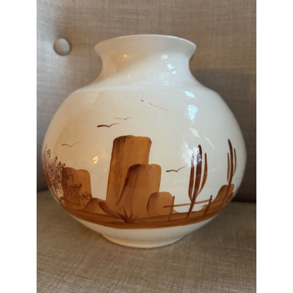 Vtg. Pottery Native American Jar Vase Numbered Navajo Life Desert Cactus Painted